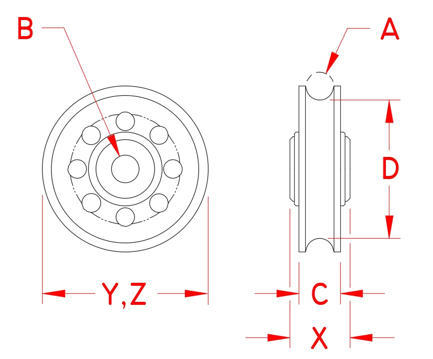 Stainless Steel Rope Sheave with Bushing, S0410-0707, S0410-0807, S0410-0808, S0410-0810, S0410-1010, S0410-1013, S0410-1207, S0410-1210, S0410-1313, S0410-1320, S0410-1410, S0410-1413, S0410-1613, S0410-1616, S0410-2013, S0410-2016, S0410-2513, S0410-2520, Line Drawing